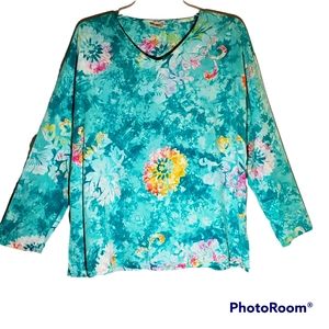 Zion women's size XL turquoise flora lightweight summer blouse. 737